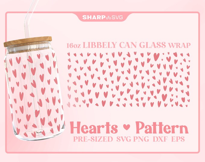 Hearts Pattern SVG Can Glass Wrap SVG • 16oz Glass Beer Can Cutfile • Can Template • digital files dxf eps png • Cricut • Silhouette