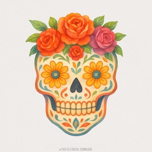 Zuckerschädel Floral PNG, Tag der Toten PNG, Calavera Art, süße Aquarell Schädelkunst, mexikanische Feier Digitaler Download, Blumenschädel