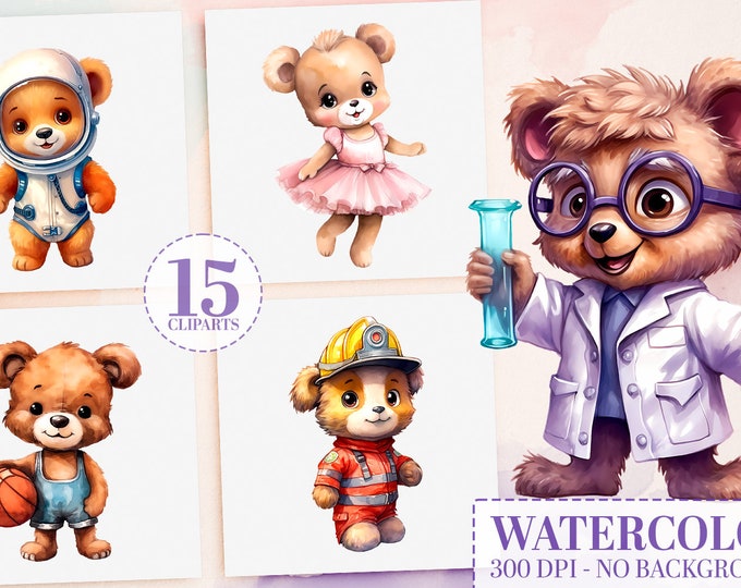 Watercolor Teddy Bear Career Clipart Bundle - 15 Dream Job Teddy Bears, Commercial Use, PNGs, Kid's Future Profession, Printable Art VOL 2