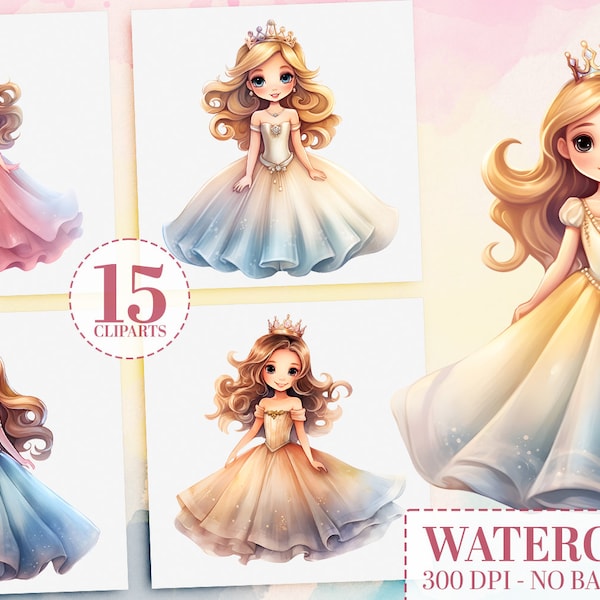 Aquarelle princesse Clipart Bundle, 15 mignon bébé princesse PNG, princesse Party Decor, Magical Girl Power Art, Bloomcore Style utilisation commerciale