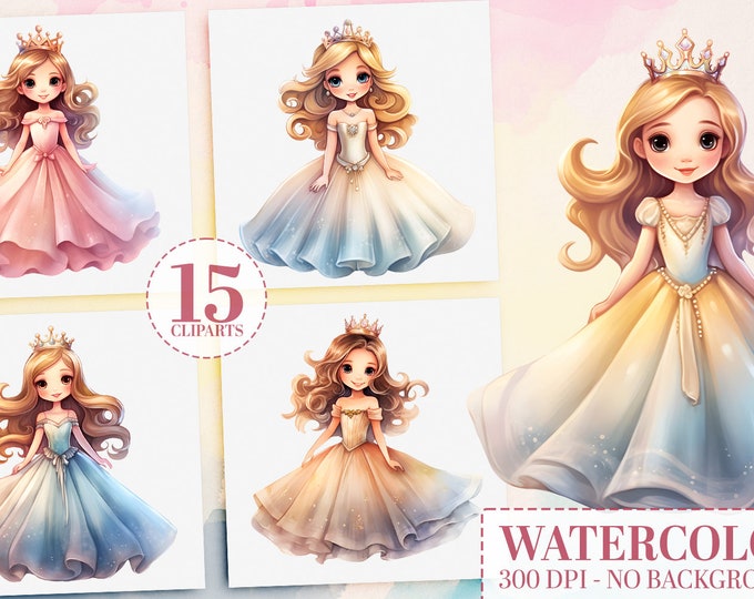Watercolor Princess Clipart Bundle, 15 Cute Baby Princess PNGs, Princess Party Decor, Magical Girl Power Art, Bloomcore Style Commercial Use