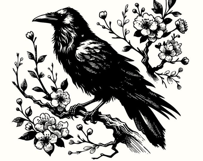 Raven Clipart PNG, Gothic Art Illustration, Raven Skull png, Floral Crow png, Watercolor Raven Ink, Horror Clipart, Spooky Bird Design