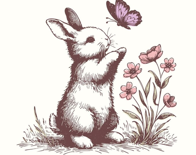 Bunny png File, Butterfly png Design, Rabbit Clipart PNG, Floral Bunny, Whimsical Silhouette, Meadow Wildflower, Spring Bunny