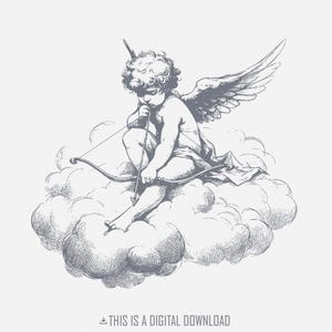 Cupido clásico en una nube PNG, arte de ángel vintage, arquero querubín en el cielo, diseño celestial romántico, dibujo de Cupido en blanco y negro