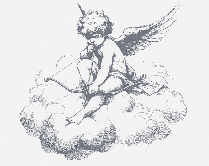 Classic Cupid on Cloud PNG, Vintage Angel Art, Cherubic Archer in the Sky, Romantic Celestial Design, Black and White Cupid Drawing