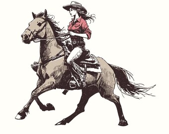 Cowgirl Western PNG, Vintage Illustration PNG, Retro Cowgirl Boho, Wrangler, Hand Drawn Western Sublimation Graphics
