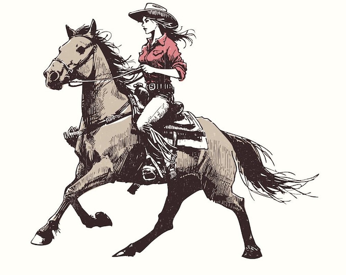 Cowgirl Western PNG, Vintage Illustration PNG, Retro Cowgirl Boho, Wrangler, Hand Drawn Western Sublimation Graphics
