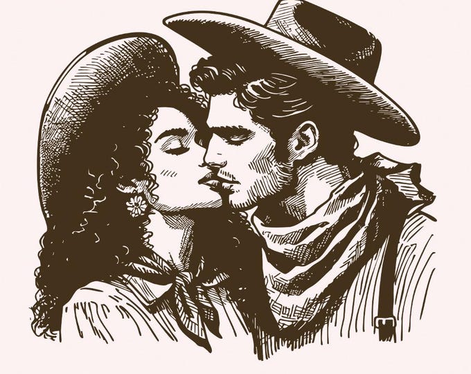 Western Cowboy Cowgirl Kiss PNG, Vintage Illustration, Digital Download, Trendy Western Valentine, Sublimation Design, Valentine's Day