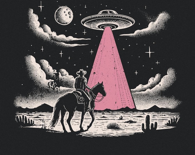 Alien Encounter Wild West PNG, UFO Desert Night Scene, Cosmic Cowboy Art, Retro Sci-Fi Western, Night Sky with Cacti and Spaceship