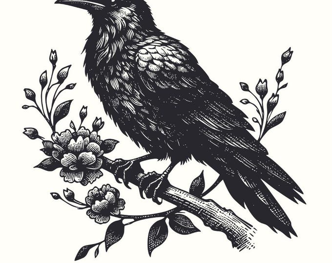 Crow Clipart PNG, Gothic Art Illustration, Raven Skull png, Floral Crow png, Watercolor Raven Ink, Horror Clipart, Spooky Bird Design