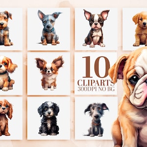 Aquarell Welpe Clipart Bundle - 10 süße Hunderassen PNG, Sublimationsdesigns, kommerzielle Nutzung, druckbare Kunst, sofortiger Download