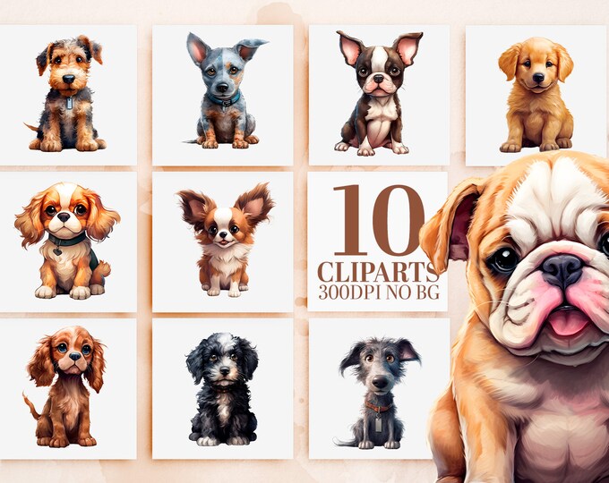 Watercolor Puppy Clipart Bundle - 10 Cute Dog Breeds PNG, Sublimation Designs, Commercial Use, Printable Art, Instant Download