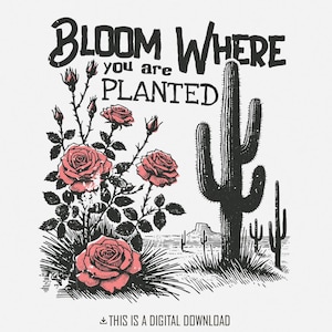 Florece donde estás plantado PNG, Cactus PNG, Diseños de sublimación Boho, Planta retro PNG, Western PNG, Floral PNG, Diseños de camisetas vintage