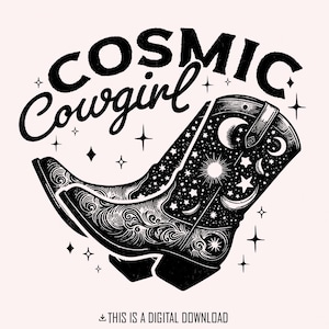 Retro Cosmic Cowgirl PNG, Western Starry Night png, Space Cowgirl Boot Art, Trendy Vintage Western Illustration, para impressão