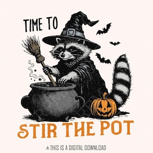Il est temps de remuer le pot PNG, drôle de raton laveur png, PNG Halloween rétro, infusion de sorcières, PNG Halloween tendance, saison effrayante png, drôle