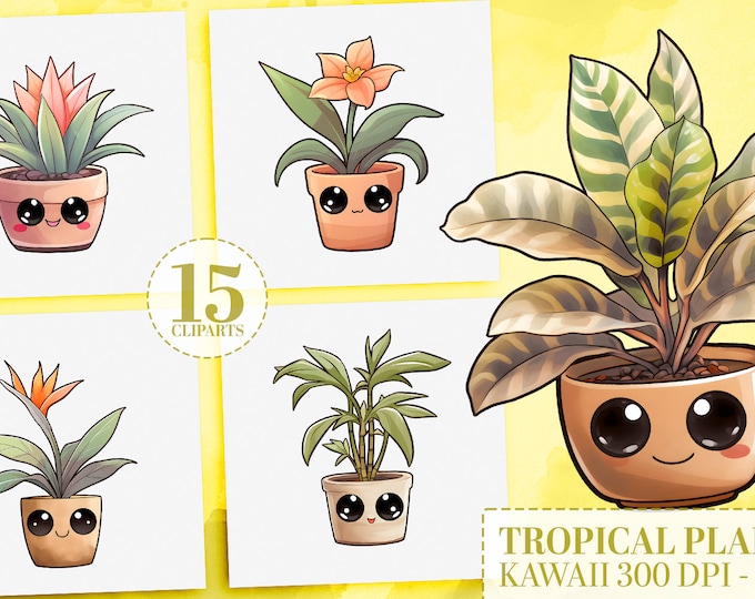 10 Tropical Kawaii Plant Cliparts: Watercolor Exotic Plants PNG, Cute Classroom Decor, Kawaii Stickers, Commercial Use, Bird of Paradise