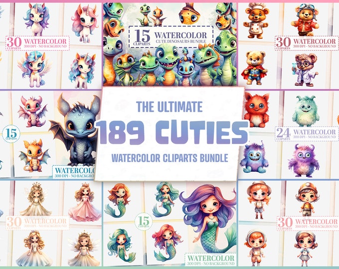 189 Ultimate Kids Fantasy Clipart Bundle, Cute Dragons, Monsters, Unicorns, Mermaids, Dinosaurs, Teddy Bears & Princesses PNG Birthday Party