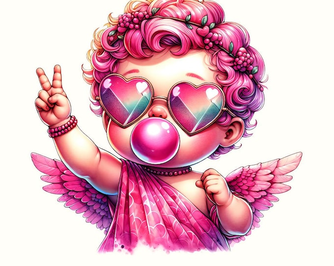 Cupid Blowing Bubble PNG, Vintage Valentines Day Sublimation Download, Funny Cupid with Sunglasses, Valentine Coquette Png Design