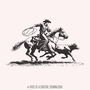 Retro Cowboy Lasso PNG, Western Rodeo PNG, Vintage Cowboy PNG, Wilder Westen Szene, Retro Illustration, Cowgirl PNG, Cowboy und Pferdedesign
