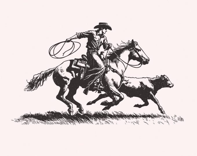 Retro Cowboy Lasso PNG, Western Rodeo png, Vintage Cowboy png, Wild West Scene, Retro Illustration, Cowgirl PNG, Cowboy and Horse Design