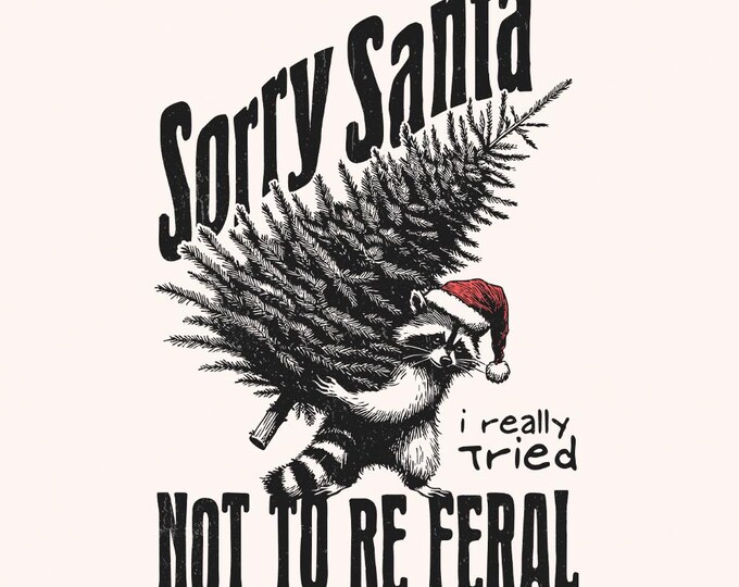 Sorry Santa, Feral Raccoon PNG, Retro Christmas Raccoon Design, Funny Holiday Sublimation, Vintage Digital Download, DTG DTF Print