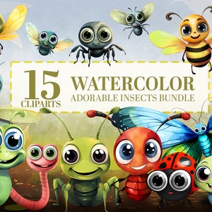 15 Cute Garden Bugs Watercolor Clipart, Insects PNG, Bee, Ladybug, Butterfly, Dragonfly, Ant, Nursery Nature School, Commercial Use