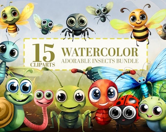 15 Cute Garden Bugs Watercolor Clipart, Insects PNG, Bee, Ladybug, Butterfly, Dragonfly, Ant, Nursery Nature School, Commercial Use