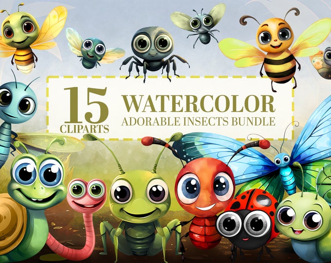 15 Cute Garden Bugs Watercolor Clipart, Insects PNG, Bee, Ladybug, Butterfly, Dragonfly, Ant, Nursery Nature School, Commercial Use