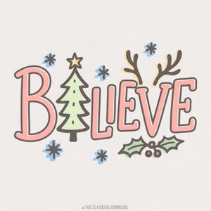 Credi nel Natale PNG, PNG per le festività, Design per l'allegria invernale festiva, Arte a sublimazione, Stampa digitale scaricabile, Renna natalizia alla moda PNG