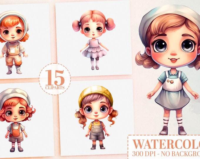 Chibi Dolls Dream Jobs Clipart Bundle Vol. 2 - 15 Cute Little Girls in Career Costumes, Commercial Use PNG, Sublimation Prints, Watercolour