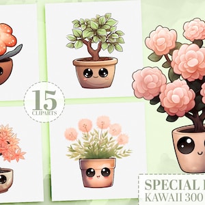 10 Kawaii Exotic Plants Clipart Bundle: Unique Watercolor Plant PNGs, Cute Bonsai & Floral Stickers, Classroom Decor, Commercial Use