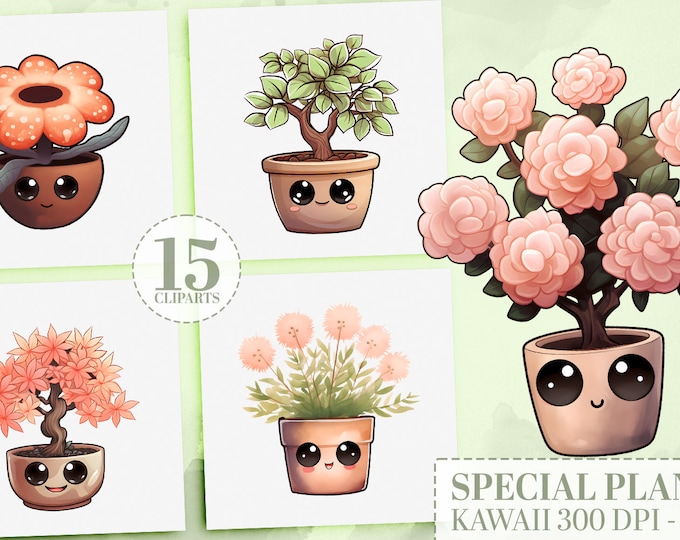 10 Kawaii Exotic Plants Clipart Bundle: Unique Watercolor Plant PNGs, Cute Bonsai & Floral Stickers, Classroom Decor, Commercial Use