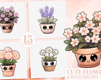 20 Kawaii Flower Cliparts: Cute Watercolor Potted Plants Bundle, Digital Stickers for Planner, Classroom Decor, PNG Graphics, Daisy, Tulip