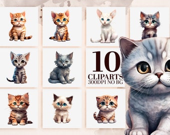 Cat Breeds Watercolor Clipart Bundle, 10 Unique Feline Friends, Printable Art, Sublimation PNG, Commercial Use, Instant Download VOL 5