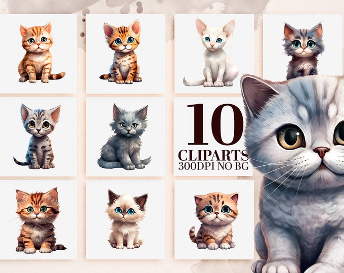 Cat Breeds Watercolor Clipart Bundle, 10 Unique Feline Friends, Printable Art, Sublimation PNG, Commercial Use, Instant Download VOL 5