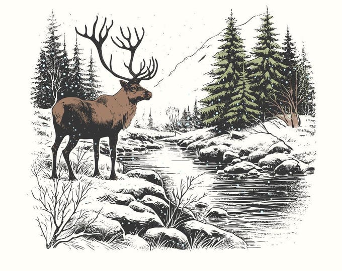 Retro Deer Wilderness Scene PNG, Deer Art Sublimation, Vintage Print, White-tailed Deer, Cute Wildlife, Nature Camping, Hunting Season