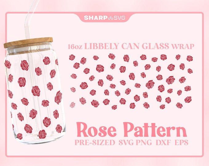 Rose Pattern SVG Can Glass Wrap SVG • 16oz Glass Beer Can Cutfile • Can Template • digital files dxf eps png • Cricut • Silhouette