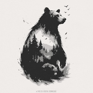 Orso nella natura selvaggia della foresta PNG, fauna selvatica natura orso PNG, arte di montagna avventura, animale della foresta digitale, download istantaneo, maglietta PNG vintage