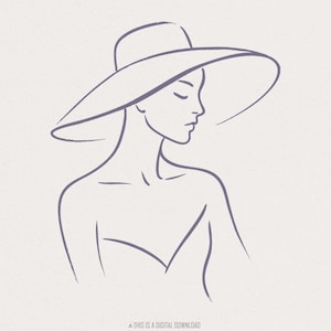 Elegante vrouw met hoed lijntekeningen png, minimalistische mode-png T-shirtontwerp, modern vrouwelijk omtrekshirt, digitale png-download