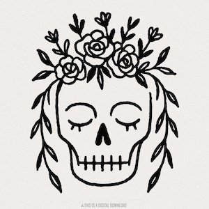 Bloemenschedel PNG, boho botanische schedelkunst digitale download, handgetekende bloemenschedel clipart, rozen en wijnstokken PNG gotisch skelethoofd