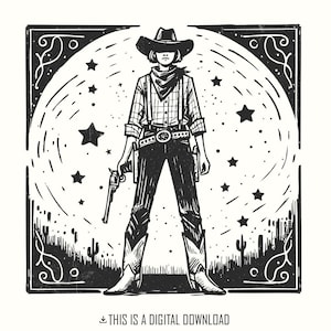 Cowgirl cosmique rétro PNG pour impression, western nuit étoilée png, art mural botte de cow-girl de l'espace, Illustration Western vintage tendance