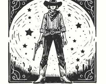 Retro Cosmic Cowgirl PNG for Print, Western Starry Night png, Space Cowgirl Boot Wall Art, Trendy Vintage Western Illustration