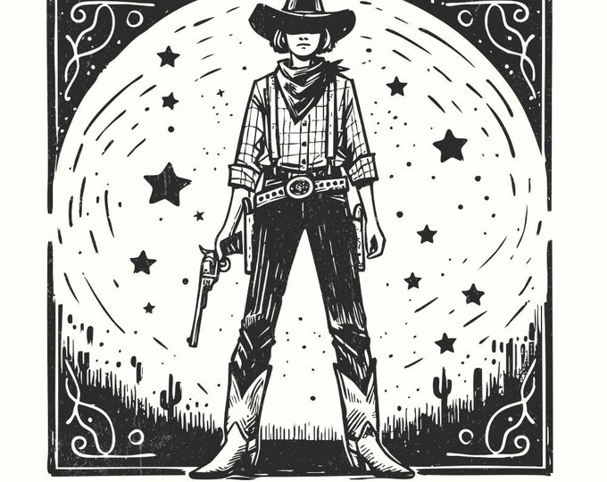 Retro Cosmic Cowgirl PNG for Print, Western Starry Night png, Space Cowgirl Boot Wall Art, Trendy Vintage Western Illustration