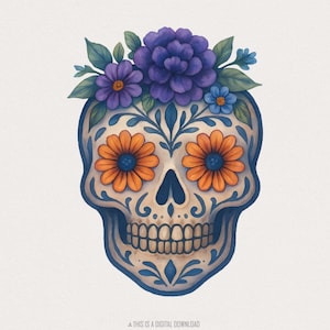 Blumenschädel PNG, Zuckerschädel PNG, Tag der Toten Kunst, Dia De Los Muertos, Folk Schädel Design, lebendige Blumen, Halloween Schädel Sublimation