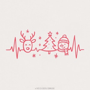 Battement de coeur Noël PNG, bonhomme de neige renne mignon et arbre de Noël, chemise minimaliste de vacances PNG, téléchargement numérique festif, clipart hiver