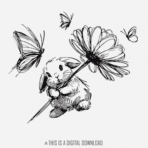 Lapin et papillon PNG, design décoratif lapin de printemps, silhouette lunatique, fleurs sauvages des prairies, lapin de printemps