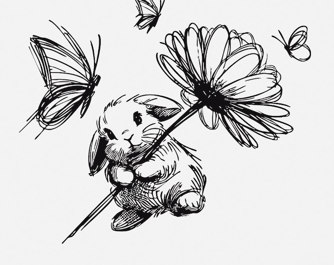 Bunny and Butterfly PNG, Spring Bunny Decorative Design, Whimsical Silhouette, Meadow Wildflower, Spring Bunny