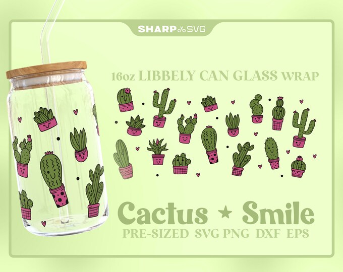 Cute Cactus Can Glass Wrap SVG • 16oz Glass Beer Can Cutfile • Can Template • digital files dxf eps png • Cricut • Silhouette