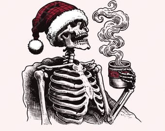 Spooky Christmas PNG, Skeleton Christmas Funny PNG, Christmas Coffee PNG, Skeleton Hot Coffee, Holiday Coffee, Dark Holiday png