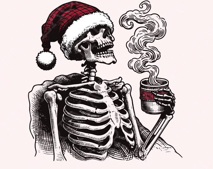 Spooky Christmas PNG, Skeleton Christmas Funny PNG, Christmas Coffee PNG, Skeleton Hot Coffee, Holiday Coffee, Dark Holiday png